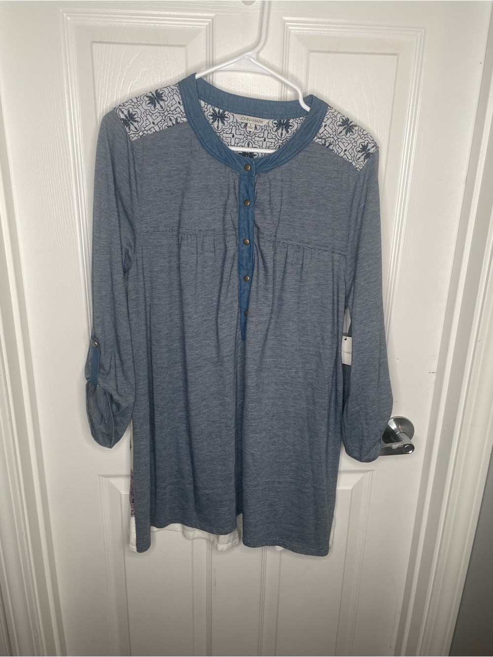 John Mark Striped Embroidered Mixed Media Art to Wear Tunic Floral Whimsical L